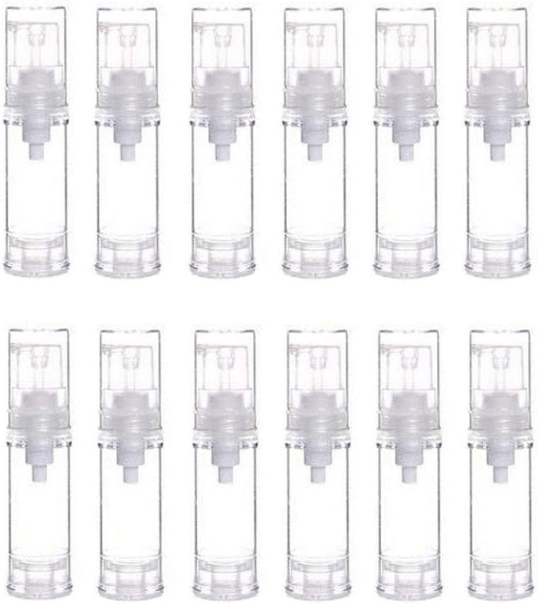 12 botellas de 10 g y 10 ml portátiles para bomba sin aire, botellas de loción al vacío, botellas de artículos de tocador de viaje, frascos para crema y base, champú, etc, Transparent