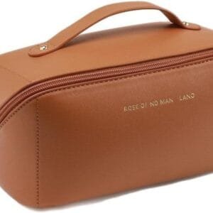 Travel-Essencials Neceser Mujer, Neceser Maquillaje Impermeable, Estuche Maquillaje de Gran Capacidad con Asa y Cremallera, Neceser de PU Ideal para Cosméticos y Artículos de Higiene (Color:Marrón)