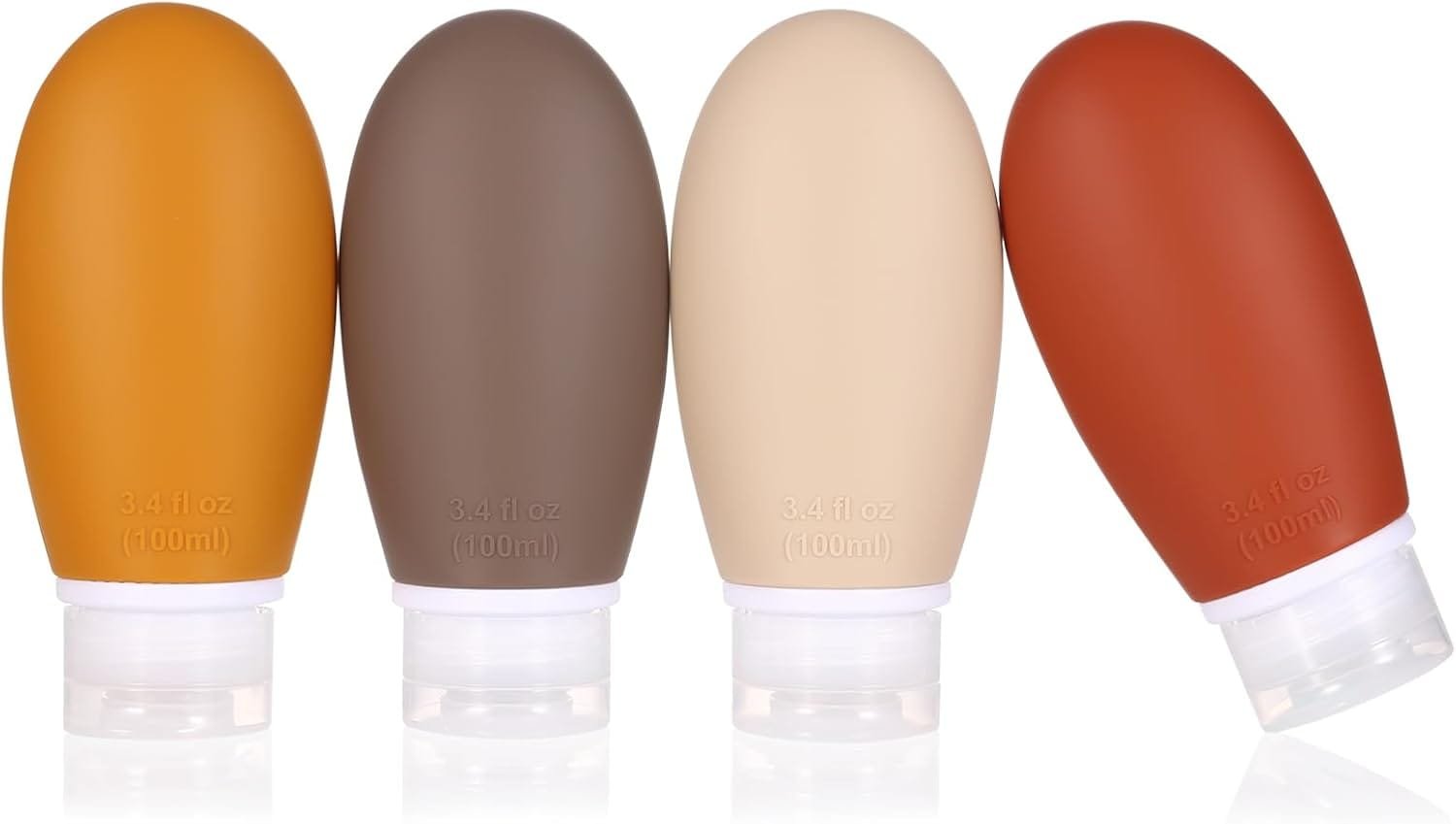 Botellas de Viaje,4 paquete 100ml silicona Botella de viaje a prueba de fugas exprimiendo portátiles contenedores recipientes para champús,lociones y artículos de tocador