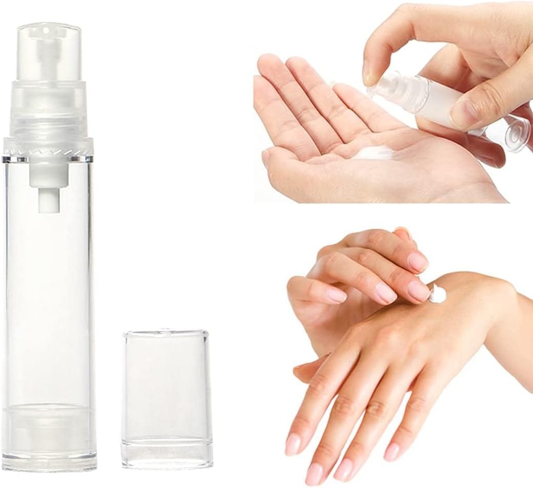 12 botellas de 10 g y 10 ml portátiles para bomba sin aire, botellas de loción al vacío, botellas de artículos de tocador de viaje, frascos para crema y base, champú, etc, Transparent - Imagen 2