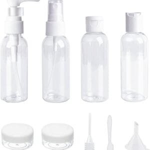 Juego de 9 botellas de viaje a prueba de fugas, rellenables, pequeñas botellas de plástico vacías para cosméticos y artículos de tocador de viaje
