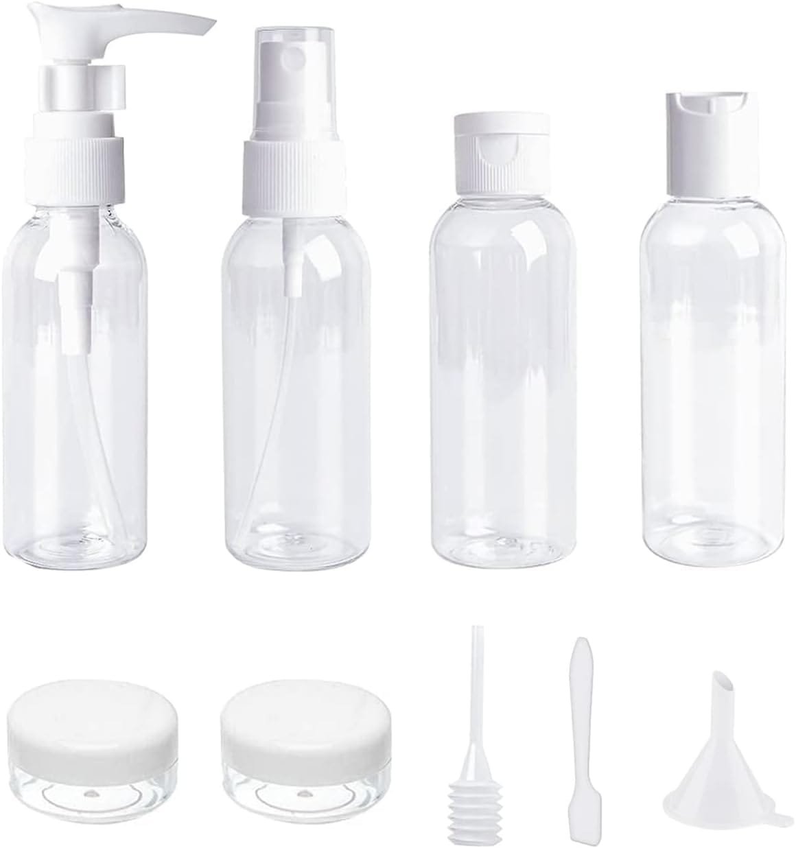 Juego de 9 botellas de viaje a prueba de fugas, rellenables, pequeñas botellas de plástico vacías para cosméticos y artículos de tocador de viaje