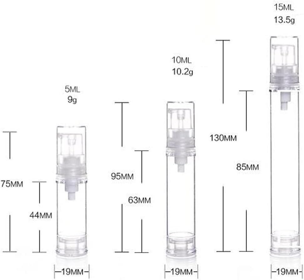 12 botellas de 10 g y 10 ml portátiles para bomba sin aire, botellas de loción al vacío, botellas de artículos de tocador de viaje, frascos para crema y base, champú, etc, Transparent - Imagen 4