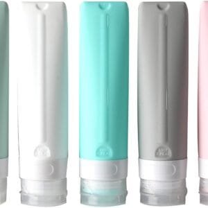 Joyeee Juego de 5 botellas de viaje para artículos de tocador, botellas de silicona recargables a prueba de fugas, contenedores portátiles sin BPA, para loción acondicionadora de champú, 2.7 oz