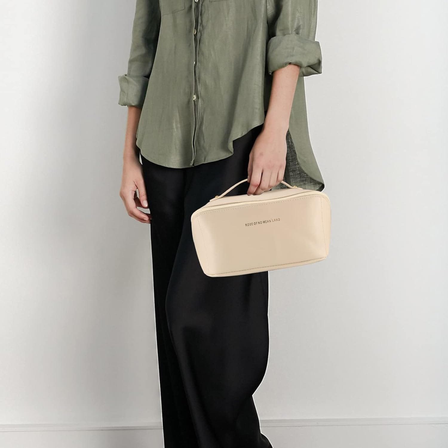 Bolsa de Maquillaje de Viaje, Bolsa de cosméticos de Cuero portátil Impermeable con Gran Capacidad, Mango y Cremallera para artículos de tocador, Maquillaje - Blanco - Imagen 5