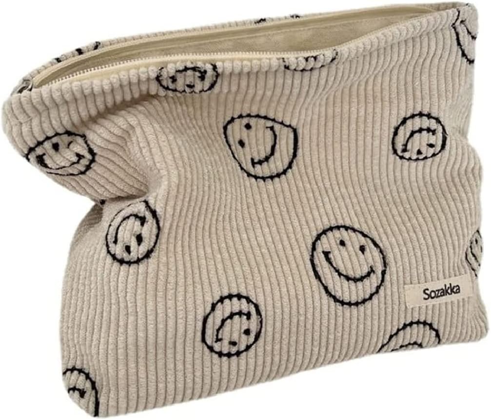 LEEQ Bolsa de maquillaje para artículos de tocador de viaje,White, bolsa de pana con impresión de sonrisa,bolsa organizadora de maquillaje, mini bolsa de cosméticos para mujeres y niñas