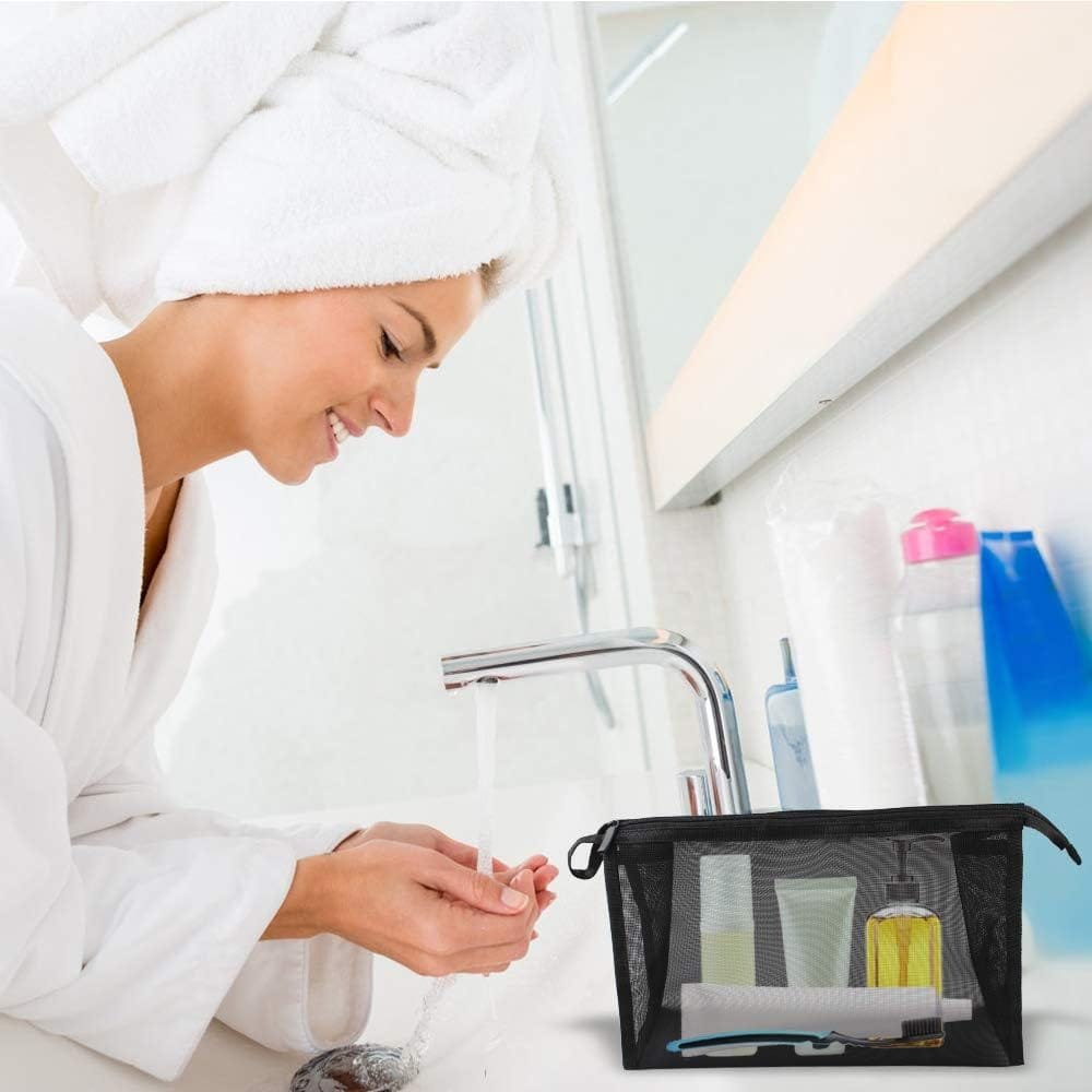 Bolsa de Artículos de Tocador de Viaje, 2 Bolsas de Almacenamiento de Maquillaje con Cremallera, Bolsa de Cosméticos de Malla para Almacenar Artículos de Tocador Cosméticos (Negro) - Imagen 2