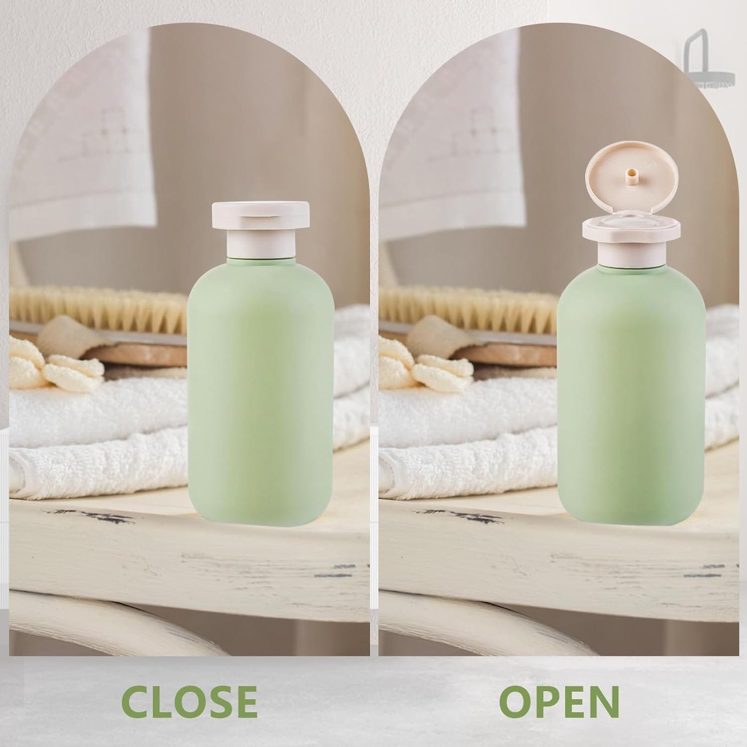 Boutihao Paquete de 4 Botellas de Loción de Viaje Rellenables, Botellas para Apretar con Tapa Abatible, Envase de Viaje para Líquidos, para Champú, Cremas, Loción, Acondicionador (200 ml, Verde) - Imagen 8