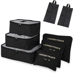 Newaner 8 en 1 bolsas organizadoras maleta, Organizador de Equipaje Para Ropa multifunción Impermeable, Bolsa de viajes packing cubes for travel para zapatos, Ropa interior, Cosméticos, Negro