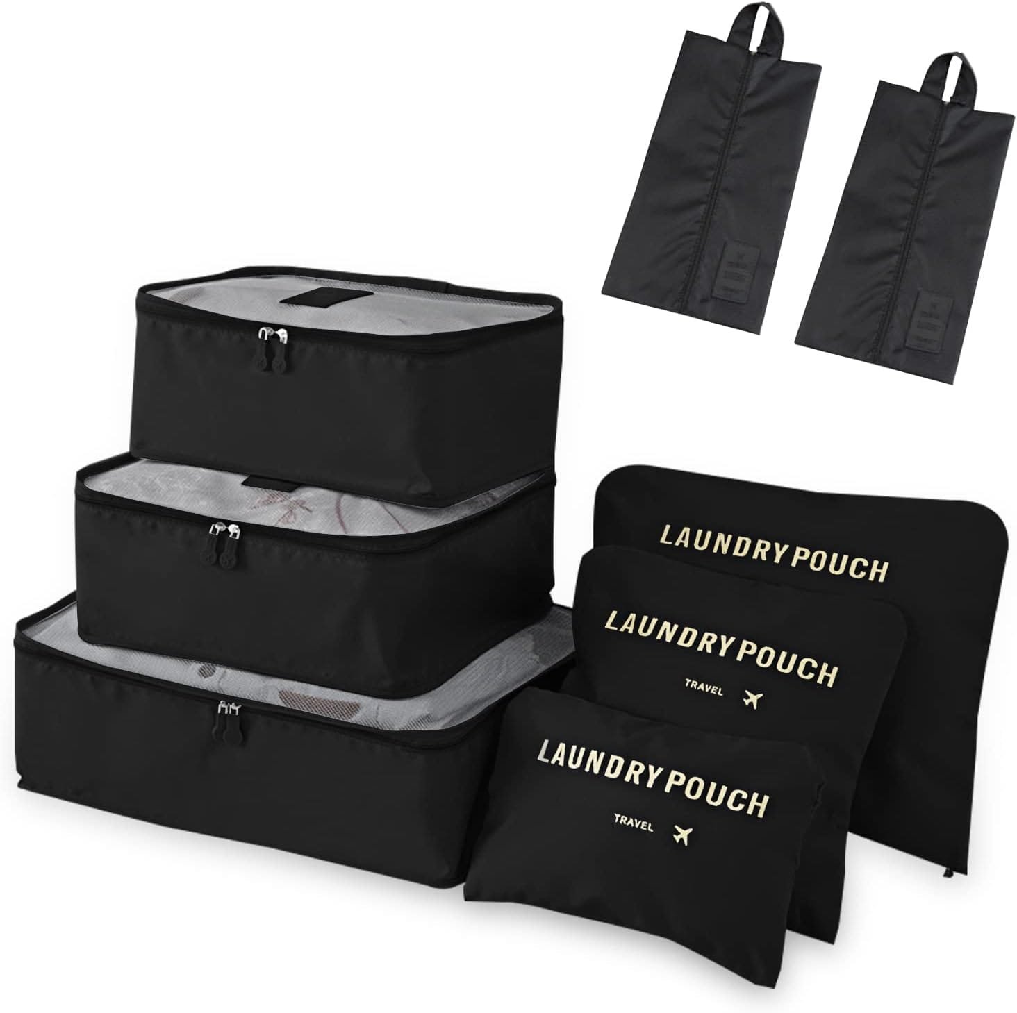 Newaner 8 en 1 bolsas organizadoras maleta, Organizador de Equipaje Para Ropa multifunción Impermeable, Bolsa de viajes packing cubes for travel para zapatos, Ropa interior, Cosméticos, Negro