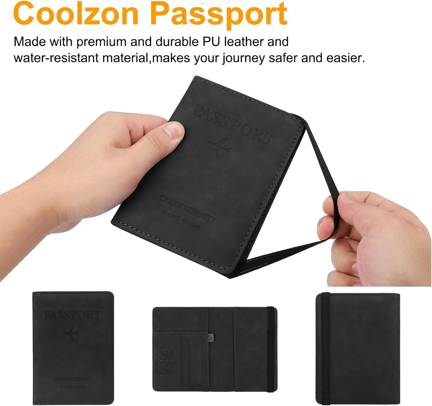Coolzon Funda Pasaporte, Funda de Pasaporte de Viaje de los Billetera de Documentos Portátiles con Bloqueo de RFID, Tarjetas de Crédito, Tarjetas de Identificación, Boletos de Aerolínea, Negro - Imagen 4
