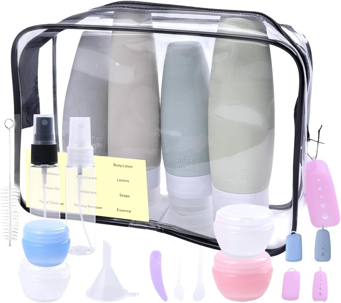 CENRONG 19 Piezas Juego de Botellas de Viaje de Silicona, Rellenables Prueba de Fugas Contenedores de Viaje, Contenedores Portátiles para Cosméticos Artículos de Aseo