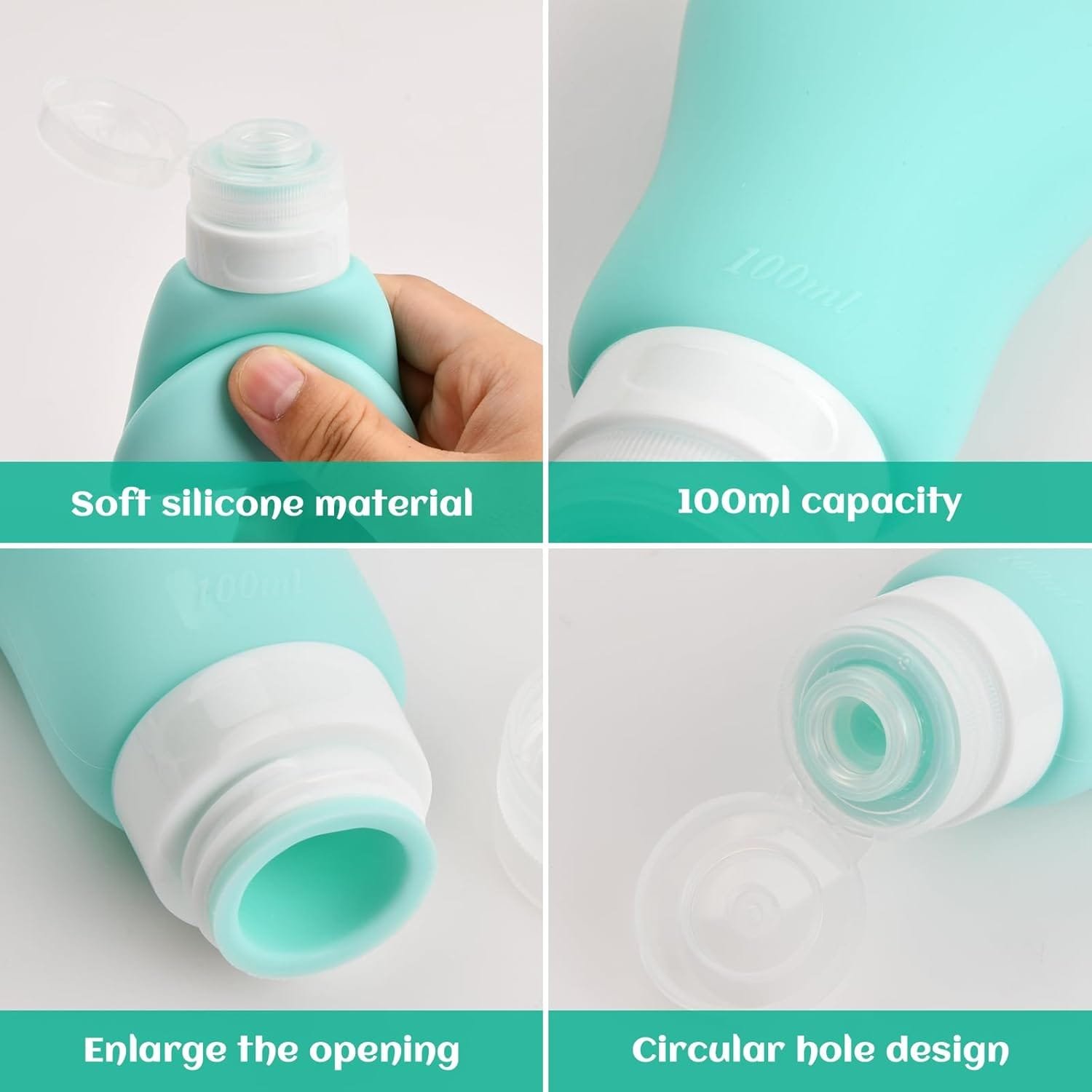 Qtuie Botellas de Viaje Silicona 4 Pack Botes Viaje Rellenables 100ml Botella Dispensadora Frascos de Viaje de Portátil Envases de Viaje Set para Avión Champu Liquidos Lociones y Artículos de Tocador - Imagen 4