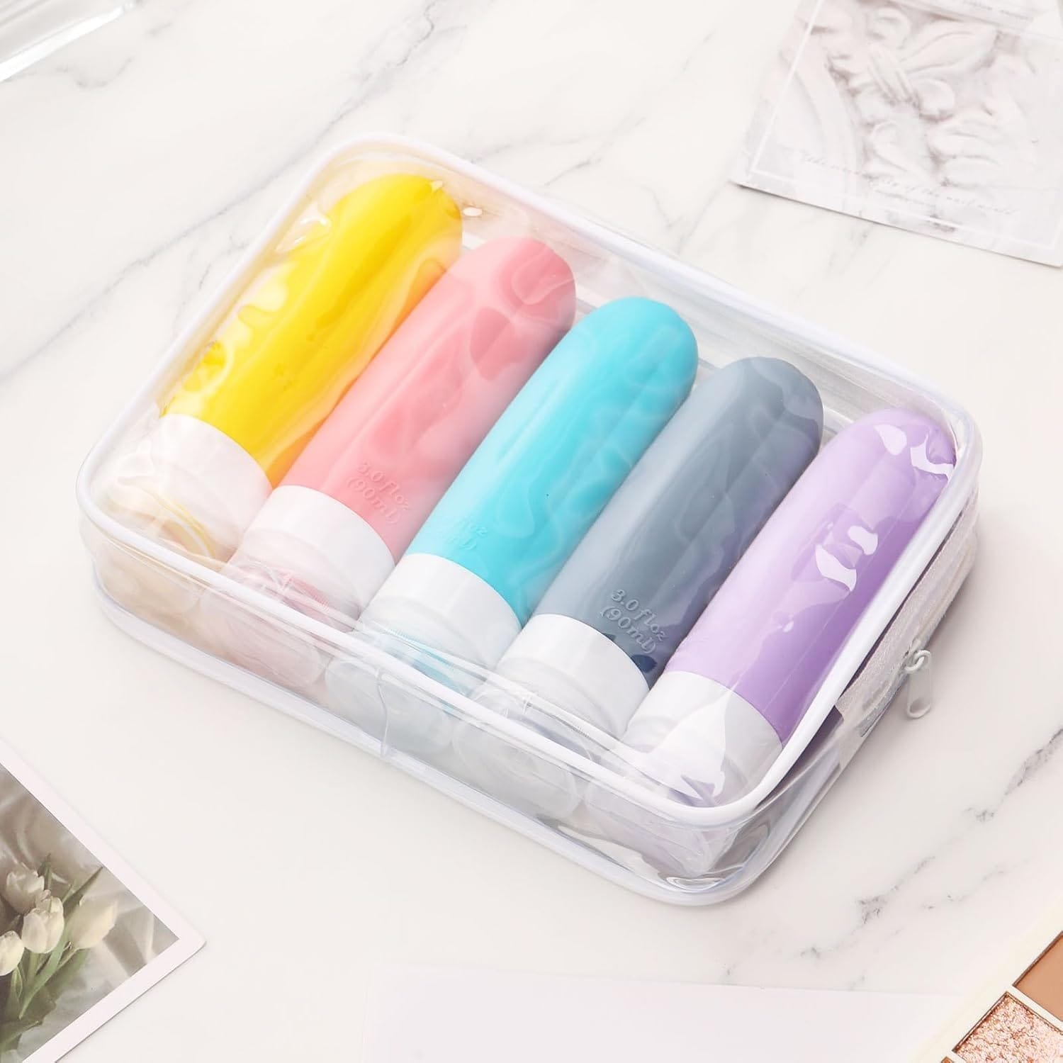 5 botellas de viaje para artículos de tocador con bolsa de aseo transparente con cremallera, botellas de silicona a prueba de fugas, relleno de champú acondicionador, loción, artículos esenciales de - Imagen 6