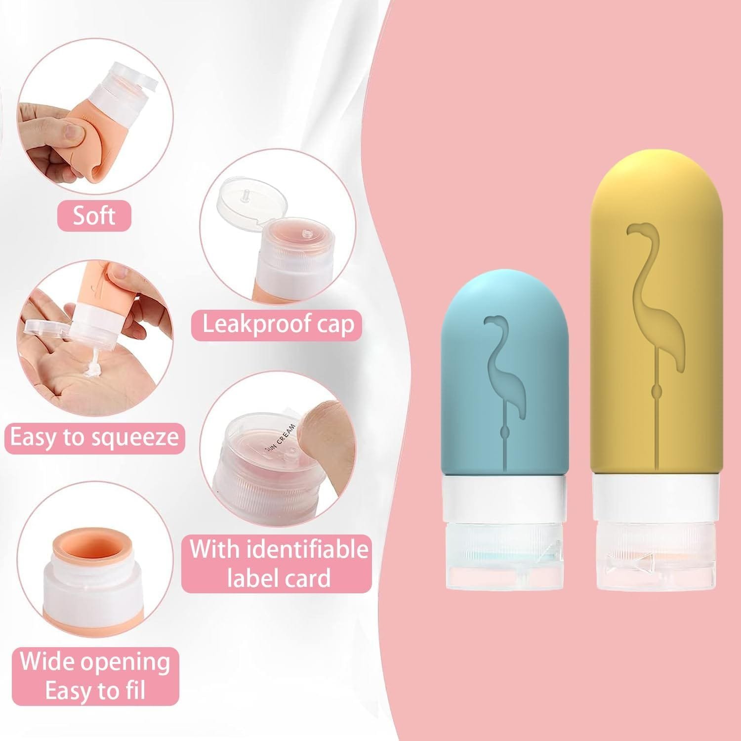 Luckynono - Botellas de viaje para artículos de tocador, a prueba de fugas, rellenables, de silicona, accesorios de viaje para champú, acondicionador, loción, gel de baño, paquete de 17 - Imagen 4