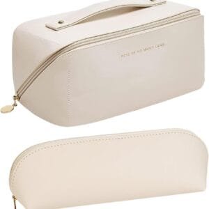 Bolso de Tocador, Bolsa de Cosméticos de Viaje, Bolsa de Maquillaje de Viaje Portátil, Bolsa de Maquillaje de Cuero PU Impermeable, Bolsa Aseo, para Accesorios, Champú y Cosméticos (Beige)