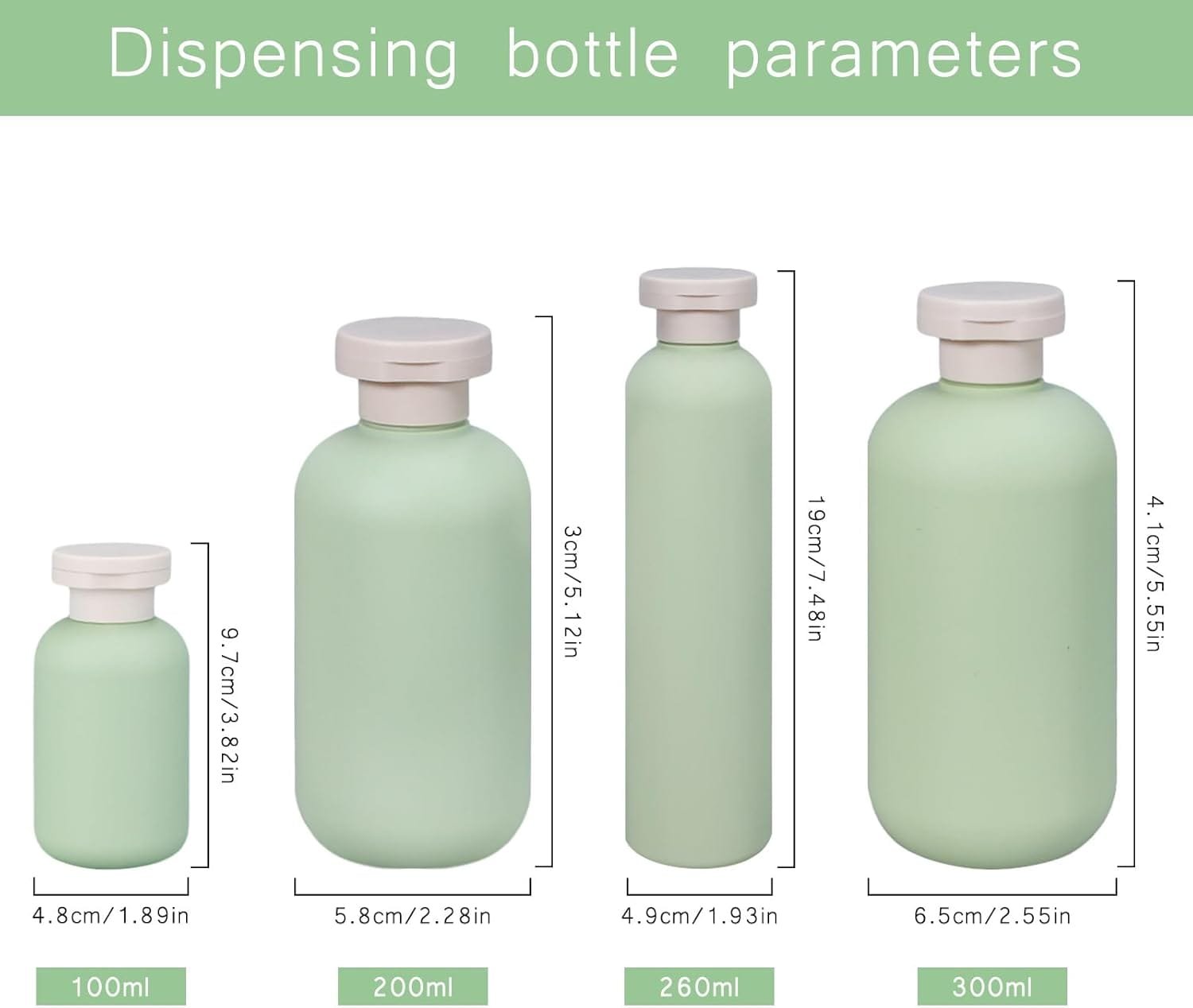 Botellas de Viaje Rellenables 100ML/200ML/260ML/300ML,Forreen 4 Piezas Botes Viaje Rellenables Portátil Exprimible Plástico Contenedores de Viaje para Champú,Cremas,Loción y Acondicionador - Imagen 2