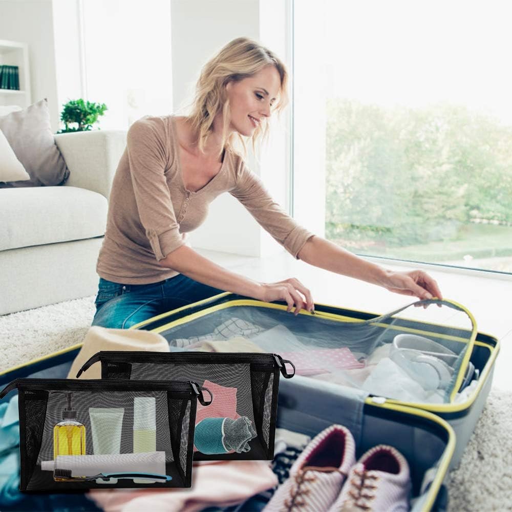 Bolsa de Artículos de Tocador de Viaje, 2 Bolsas de Almacenamiento de Maquillaje con Cremallera, Bolsa de Cosméticos de Malla para Almacenar Artículos de Tocador Cosméticos (Negro) - Imagen 7