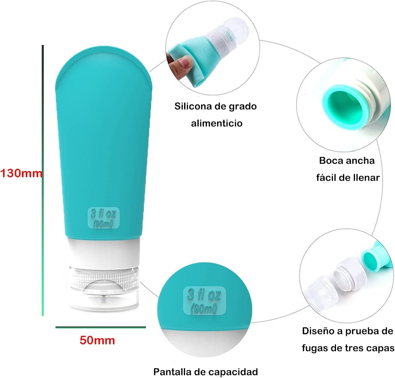 IraXpro Botellas de Viaje Silicona 4 Pack,90ml,BPA Free,Aprobado por la TSA Botes Viaje Rellenado Juego a Prueba de Fugas,Accesorios de Viaje para Champús,Acondicionador,Loción y Artículos de Tocador - Imagen 4