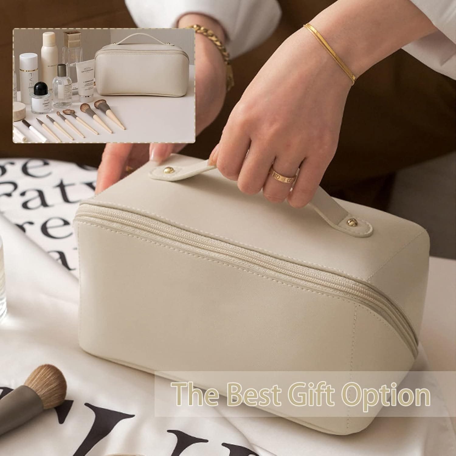 Bolsa Cosméticos Viaje Gran Capacidad, Bolso Portátil del Lavado del Viaje, Bolsa de Maquillaje de Cuero Impermeable con Asa para Cosméticos, Artículos de Aseo de Las Mujeres - Imagen 7