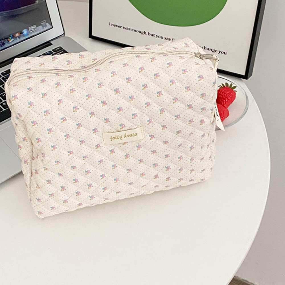 Neceser de viaje para mujer, bolso de aseo acolchado para mujer, con estampado de flores, bolsa de cosméticos de gran capacidad, bolsa de maquillaje para niños, niñas y hombres, A-beige., Simple - Imagen 6
