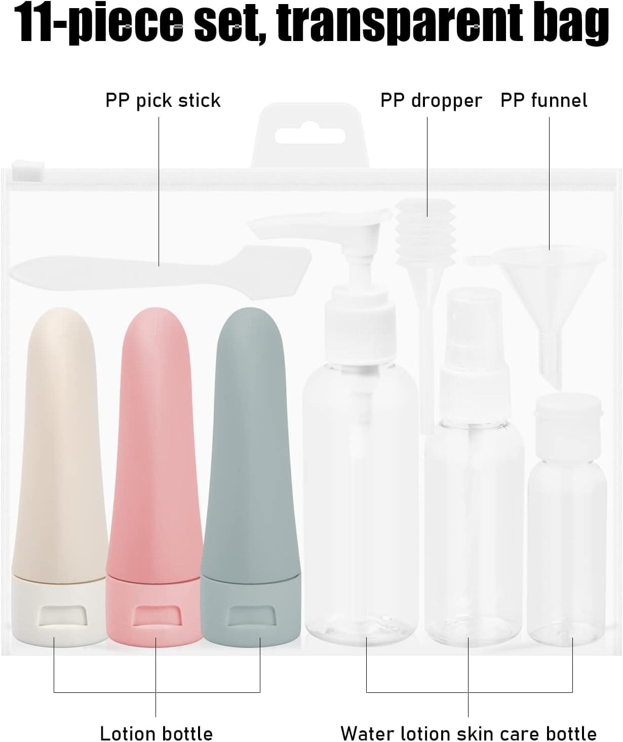 Dokeno 11 piezas Botellas de Viaje Silicona,Juego de Botes Viaje Rellenables,Juego de Botellas de Viaje Transparentes,Botellas de Plástico Viaje,para Champús Lociones y Artículos de Tocador - Imagen 3