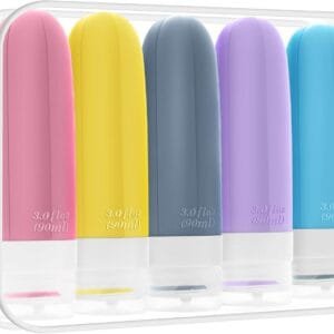 5 botellas de viaje para artículos de tocador con bolsa de aseo transparente con cremallera, botellas de silicona a prueba de fugas, relleno de champú acondicionador, loción, artículos esenciales de