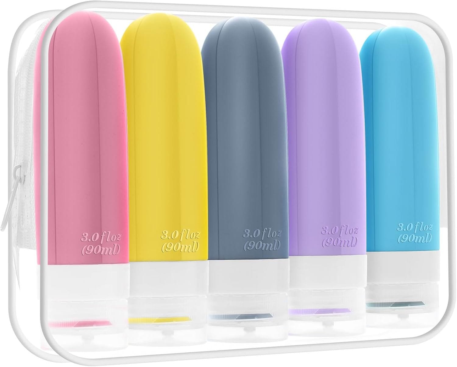 5 botellas de viaje para artículos de tocador con bolsa de aseo transparente con cremallera, botellas de silicona a prueba de fugas, relleno de champú acondicionador, loción, artículos esenciales de