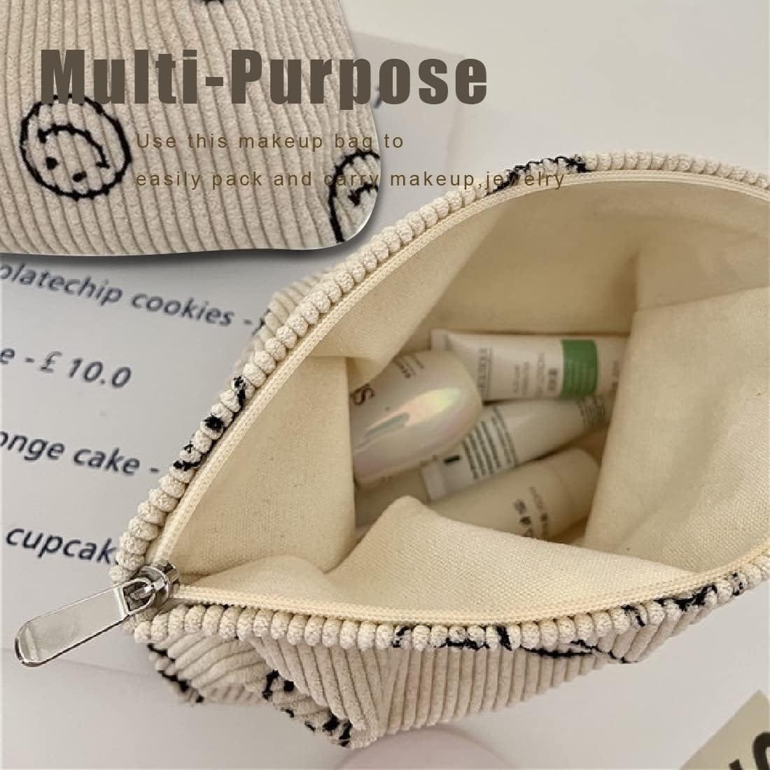 LEEQ Bolsa de maquillaje para artículos de tocador de viaje,White, bolsa de pana con impresión de sonrisa,bolsa organizadora de maquillaje, mini bolsa de cosméticos para mujeres y niñas - Imagen 5