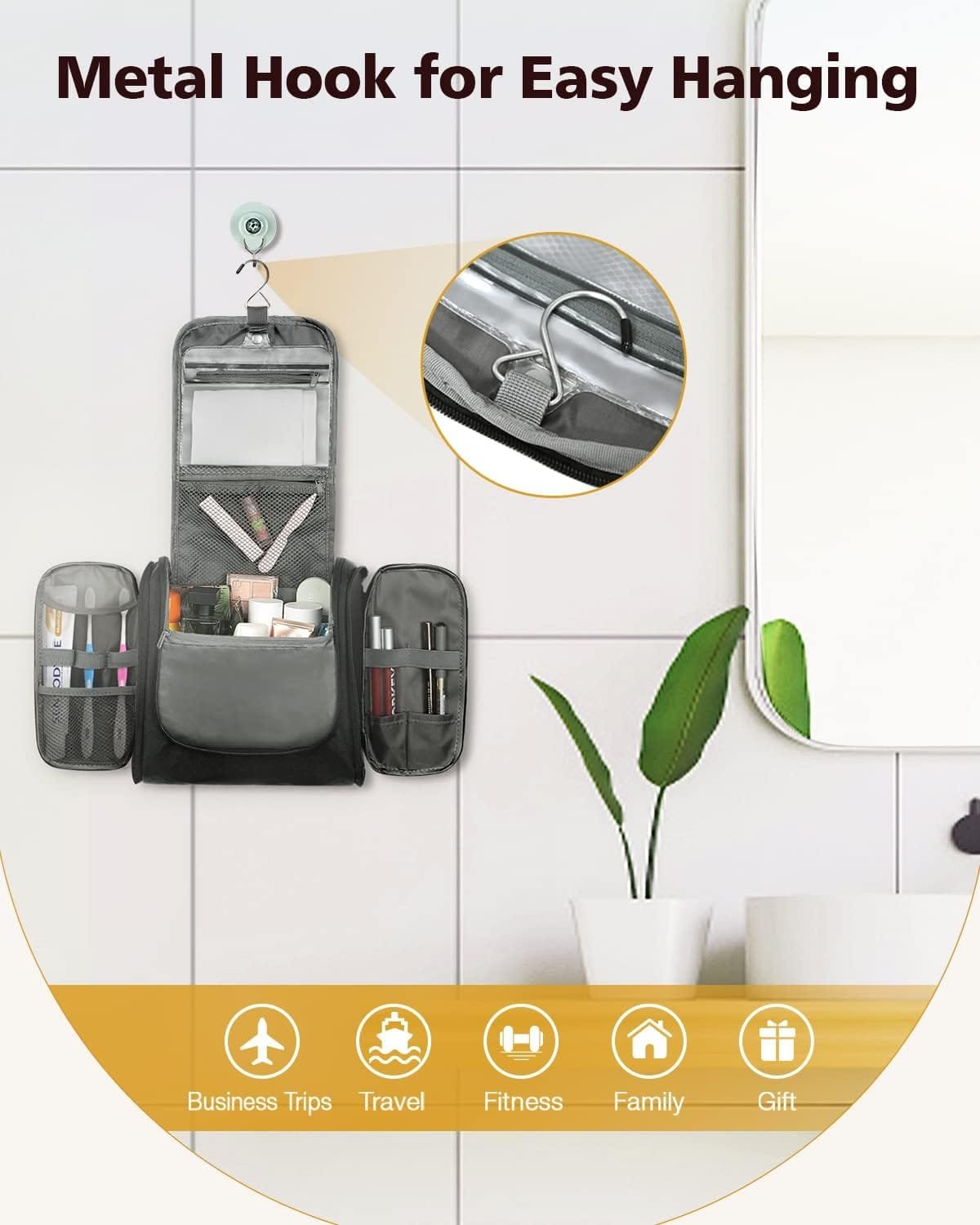 Neceser para Mujeres y Hombres, Bolsa de Maquillaje de Viaje Resistente al Agua con Gancho para Colgar, Bolsa organizadora de artículos de tocador de Viaje compacta - Imagen 5