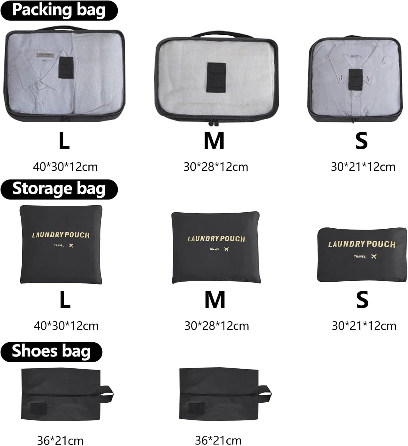 Newaner 8 en 1 bolsas organizadoras maleta, Organizador de Equipaje Para Ropa multifunción Impermeable, Bolsa de viajes packing cubes for travel para zapatos, Ropa interior, Cosméticos, Negro - Imagen 2