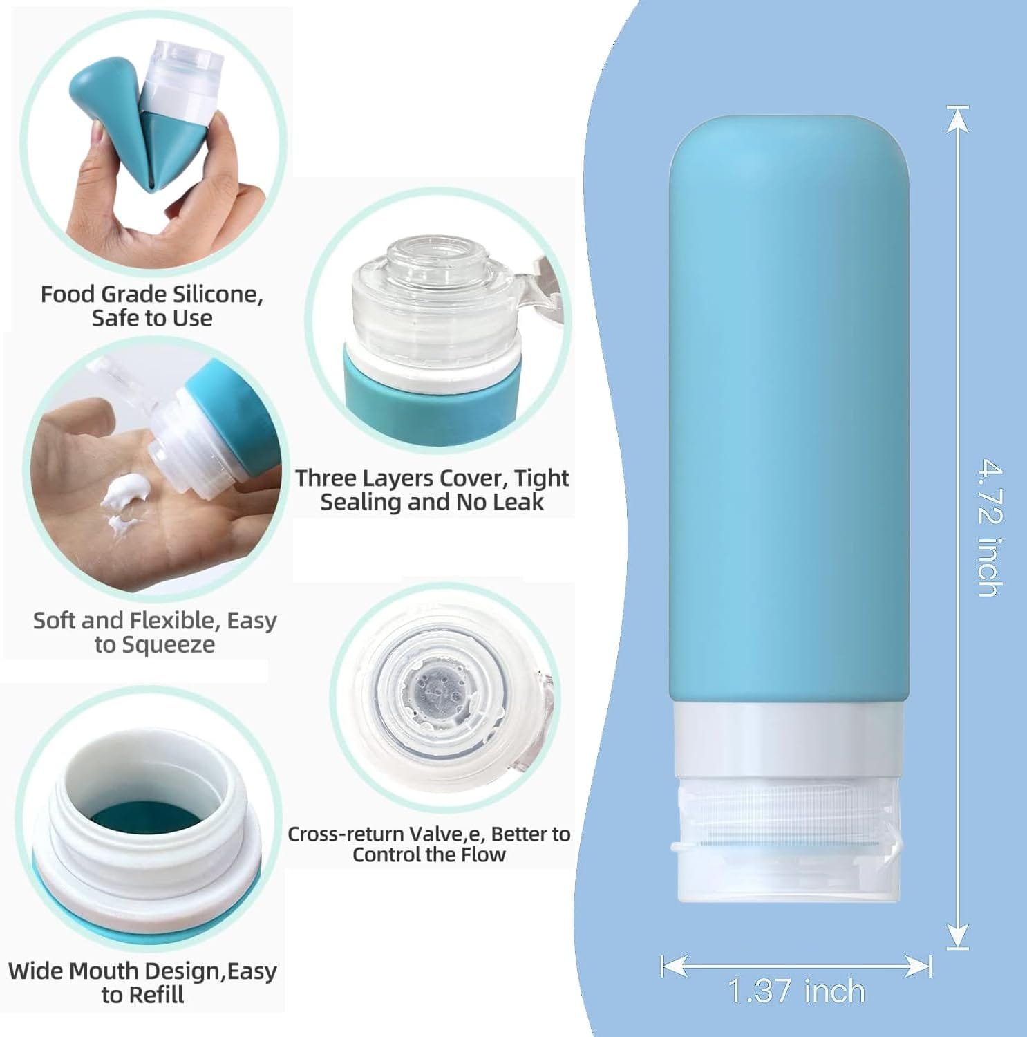 BRLYYO Botellas de silicona de viaje para artículos de aseo aprobados por la TSA Juego de envases de viaje de 4 unidades Champú, acondicionador de cabello, loción corporal, recargables - Imagen 2