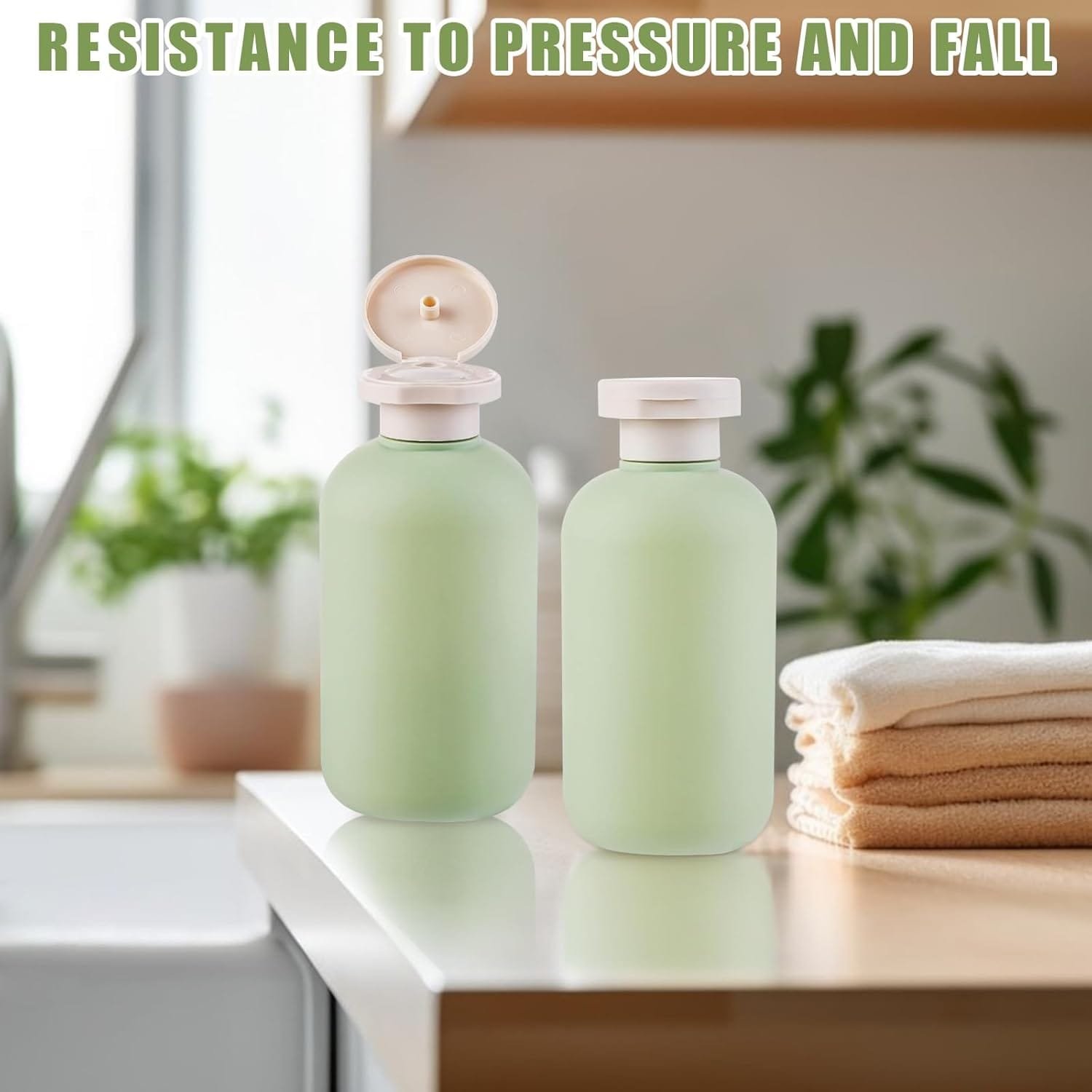 Boutihao Paquete de 4 Botellas de Loción de Viaje Rellenables, Botellas para Apretar con Tapa Abatible, Envase de Viaje para Líquidos, para Champú, Cremas, Loción, Acondicionador (200 ml, Verde) - Imagen 4