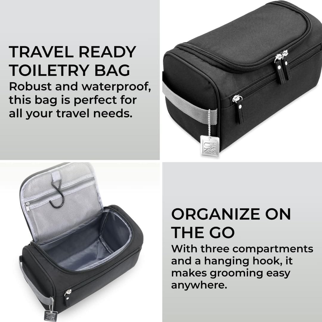 H&S Neceser Viaje para Hombre y Mujer - Bolsa Impermeable con 3 Compartimentos para Artículos de Aseo y Maquillaje - Organizador con Gancho Metálico para Colgar - Imagen 2