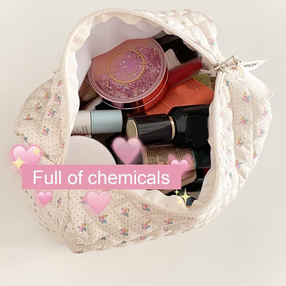 Neceser de viaje para mujer, bolso de aseo acolchado para mujer, con estampado de flores, bolsa de cosméticos de gran capacidad, bolsa de maquillaje para niños, niñas y hombres, A-beige., Simple - Imagen 3
