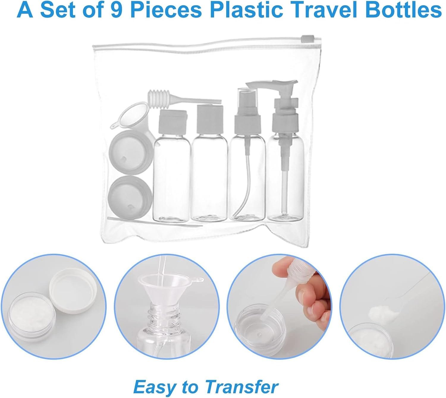 Juego de 9 botellas de viaje a prueba de fugas, rellenables, pequeñas botellas de plástico vacías para cosméticos y artículos de tocador de viaje - Imagen 3