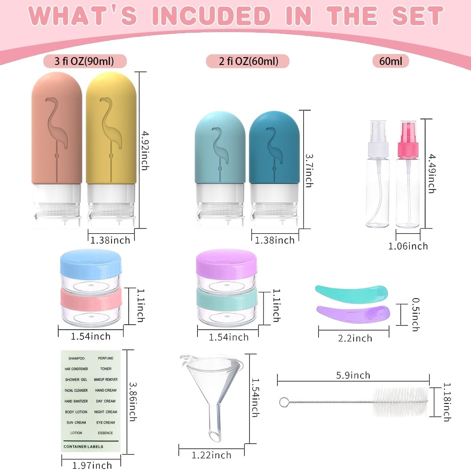 Luckynono - Botellas de viaje para artículos de tocador, a prueba de fugas, rellenables, de silicona, accesorios de viaje para champú, acondicionador, loción, gel de baño, paquete de 17 - Imagen 2