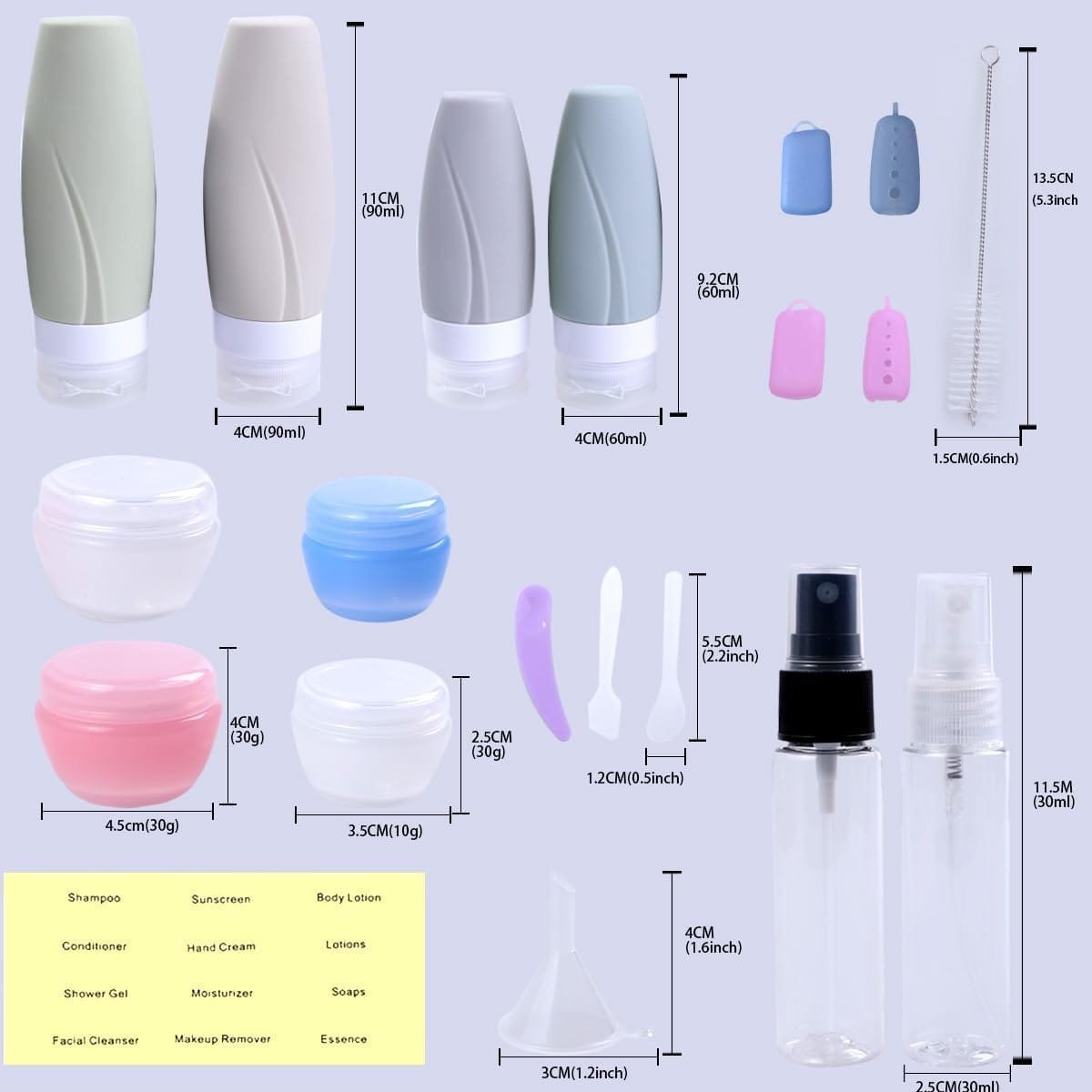 CENRONG 19 Piezas Juego de Botellas de Viaje de Silicona, Rellenables Prueba de Fugas Contenedores de Viaje, Contenedores Portátiles para Cosméticos Artículos de Aseo - Imagen 2