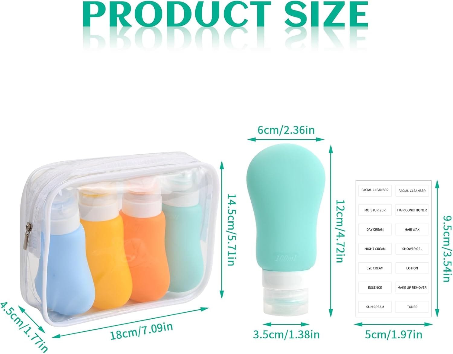 Qtuie Botellas de Viaje Silicona 4 Pack Botes Viaje Rellenables 100ml Botella Dispensadora Frascos de Viaje de Portátil Envases de Viaje Set para Avión Champu Liquidos Lociones y Artículos de Tocador - Imagen 2