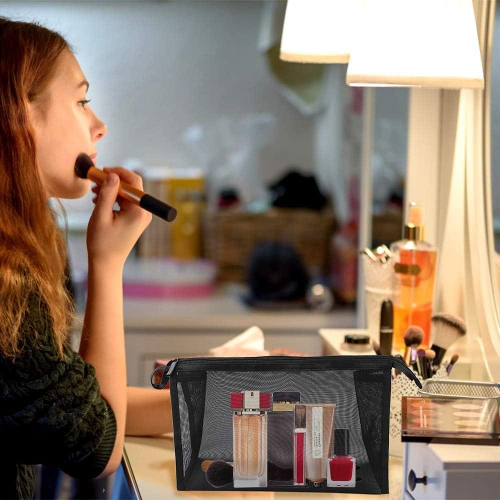Bolsa de Artículos de Tocador de Viaje, 2 Bolsas de Almacenamiento de Maquillaje con Cremallera, Bolsa de Cosméticos de Malla para Almacenar Artículos de Tocador Cosméticos (Negro) - Imagen 3