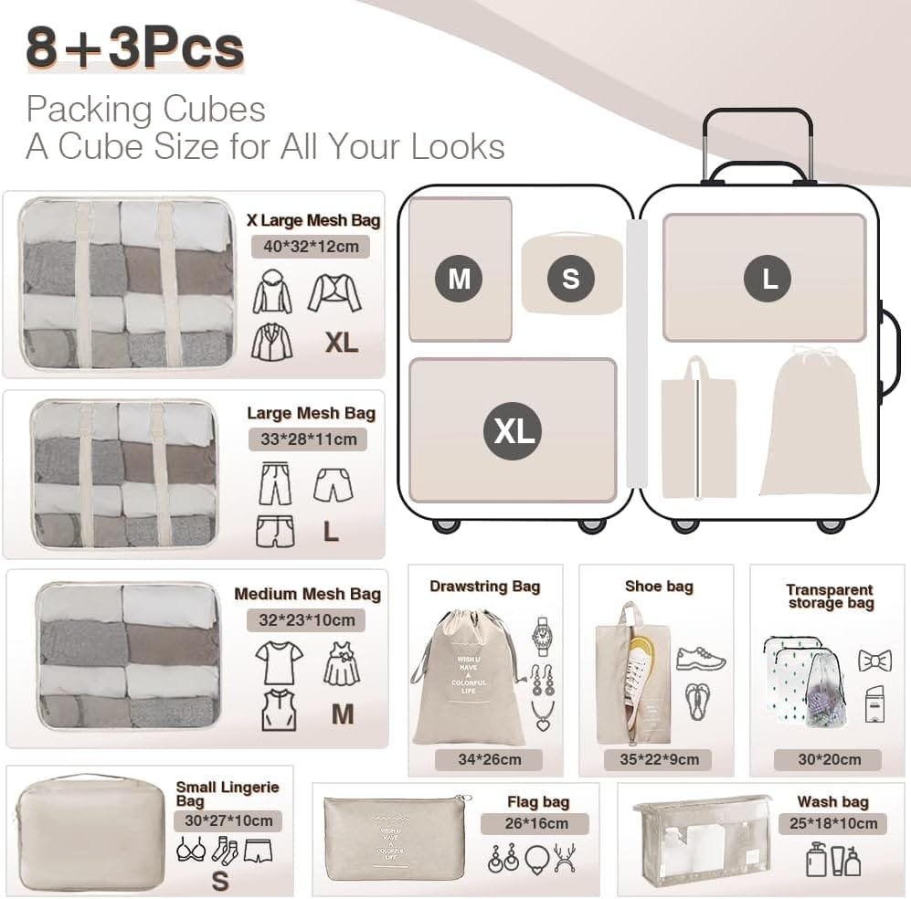 Organizadores para Maletas, 11 Set de Bolsas de Viaje para Equipaje, Packing Cubes Para zapatos, Ropa Interior, Cosméticos, Travel Essentials - Imagen 2