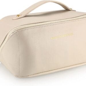 Bolsa de Maquillaje de Viaje, Bolsa de cosméticos de Cuero portátil Impermeable con Gran Capacidad, Mango y Cremallera para artículos de tocador, Maquillaje - Blanco
