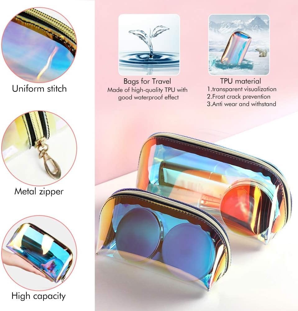 KBNIAN 2pcs Bolsa de Maquillaje Holográfica Bolsa de Cosméticos de TPU Impermeable Bolsas de Aseo Multicolor Neceser de Maquillaje de Viaje Portátil con Cremallera para Artículo de Tocador Mujer Niña - Imagen 4