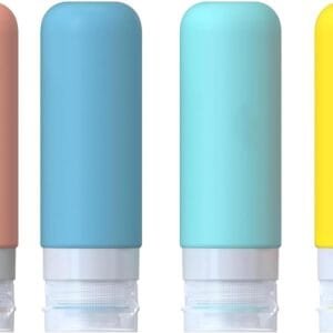 BRLYYO Botellas de silicona de viaje para artículos de aseo aprobados por la TSA Juego de envases de viaje de 4 unidades Champú, acondicionador de cabello, loción corporal, recargables
