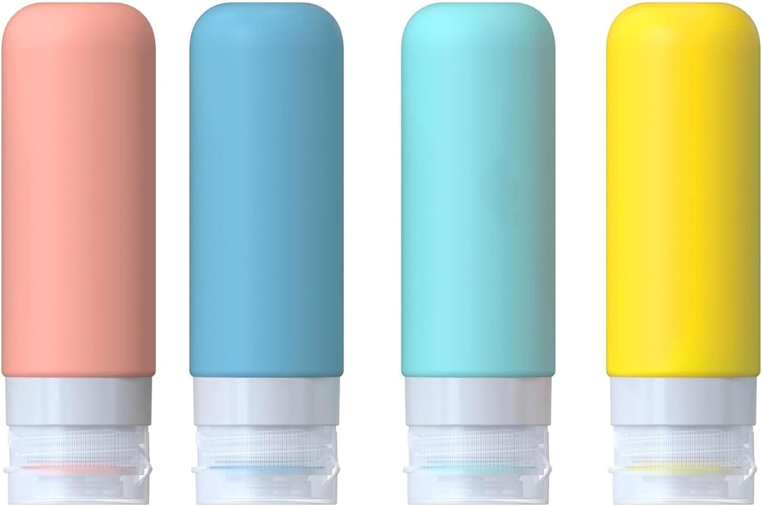 BRLYYO Botellas de silicona de viaje para artículos de aseo aprobados por la TSA Juego de envases de viaje de 4 unidades Champú, acondicionador de cabello, loción corporal, recargables