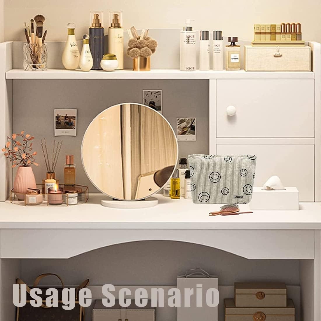 LEEQ Bolsa de maquillaje para artículos de tocador de viaje,White, bolsa de pana con impresión de sonrisa,bolsa organizadora de maquillaje, mini bolsa de cosméticos para mujeres y niñas - Imagen 6