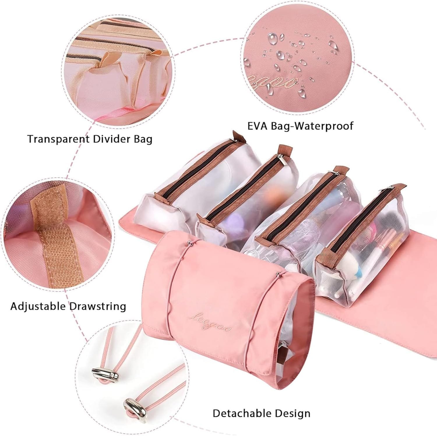 RTRTGS 1pc 4 en 1 Neceser Viaje Colgante,Desmontables Enrollables Bolsa Impermeable con 4 Compartimentos Visibles con Cremallera Poner Cosméticos,Artículos Tocador,Mujer Viaje Cosas Necesarias - Imagen 3