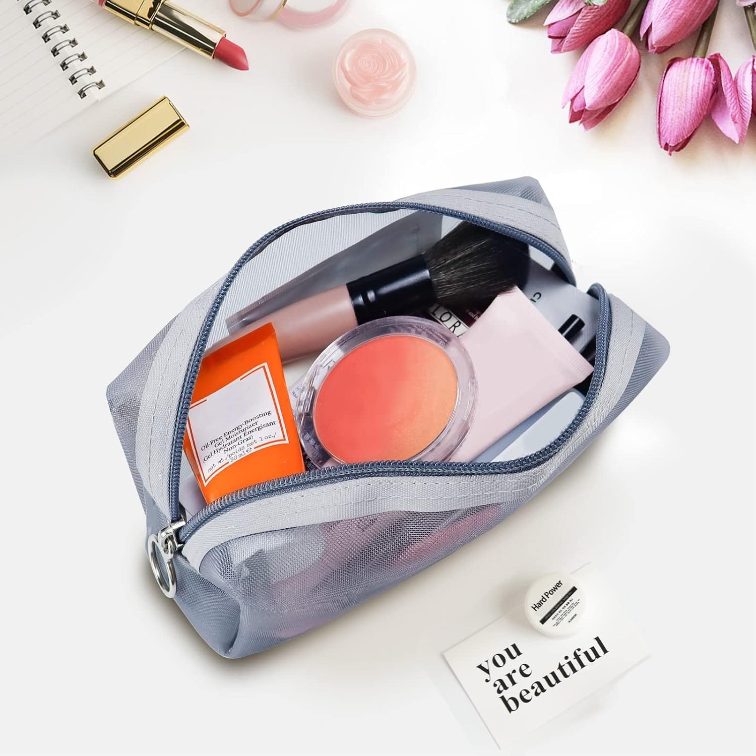 Aosbos 3 Piezas Neceser Mujer de Malla, Neceser Maquillaje Transparente para Viaje, Malla Bolsa de Aseo para Hombre, Bolsa de Artículos de Tocador, Bolsa de Cosméticos con Cremallera para Playa, Gris - Imagen 4