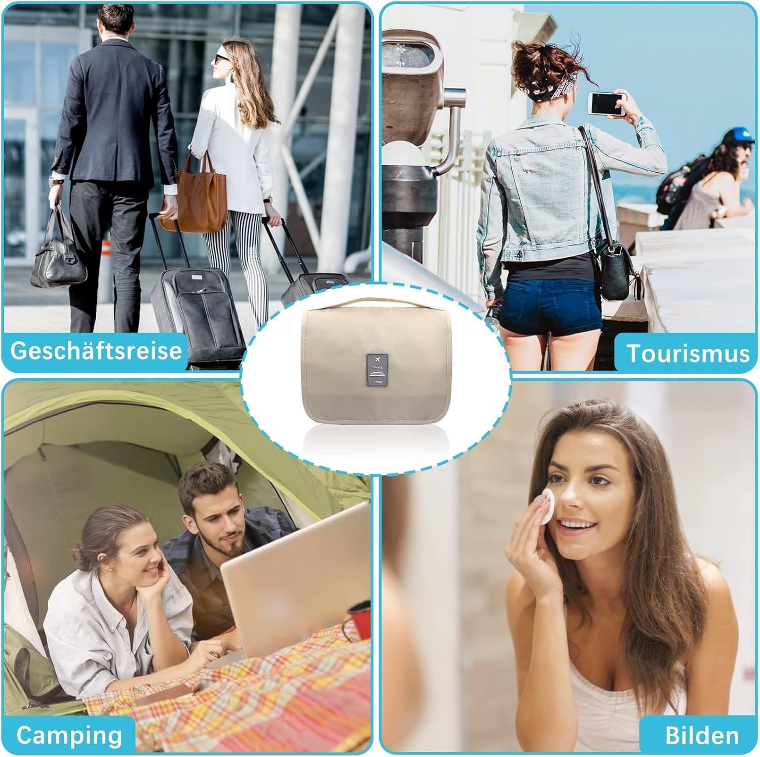 Neceser para colgar, bolsa de aseo plegable, bolsa de aseo de viaje plegable con asa, bolsa de lavado para hombres y mujeres, beige, large, Neceser - Imagen 7