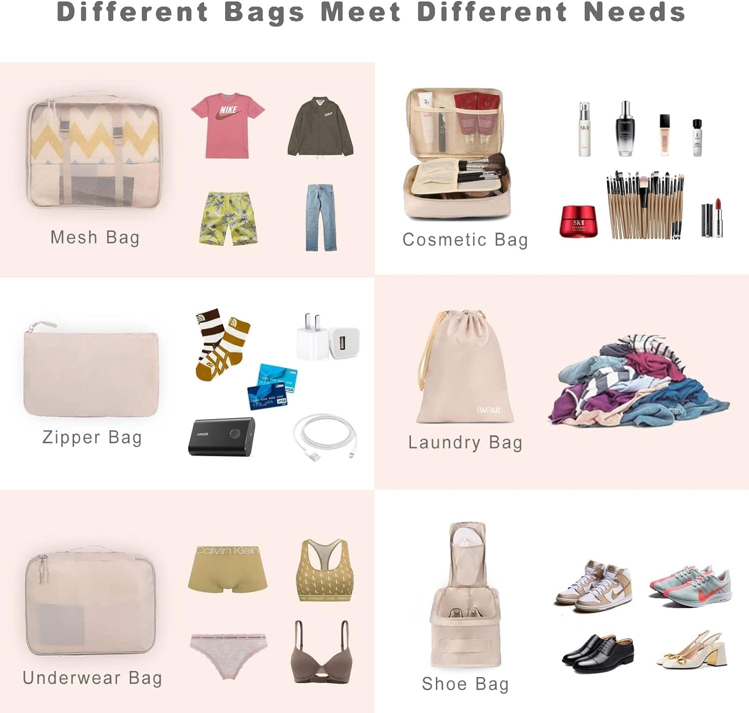 BAGAIL Cubos de Embalaje para Maleta, Juego de 8, Organizadores de Embalaje de Equipaje Ligeros, Cubos de Embalaje para Accesorios de Viaje - Imagen 3